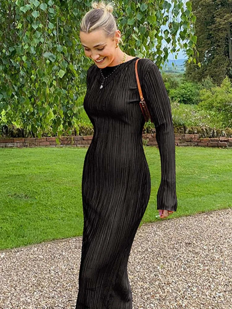 Flare Sleeve Oneck Bodycon Midi Dress