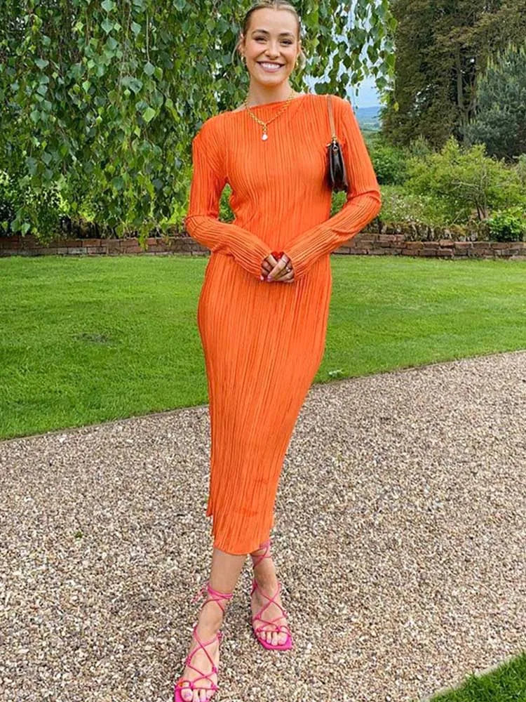 Flare Sleeve Oneck Bodycon Midi Dress