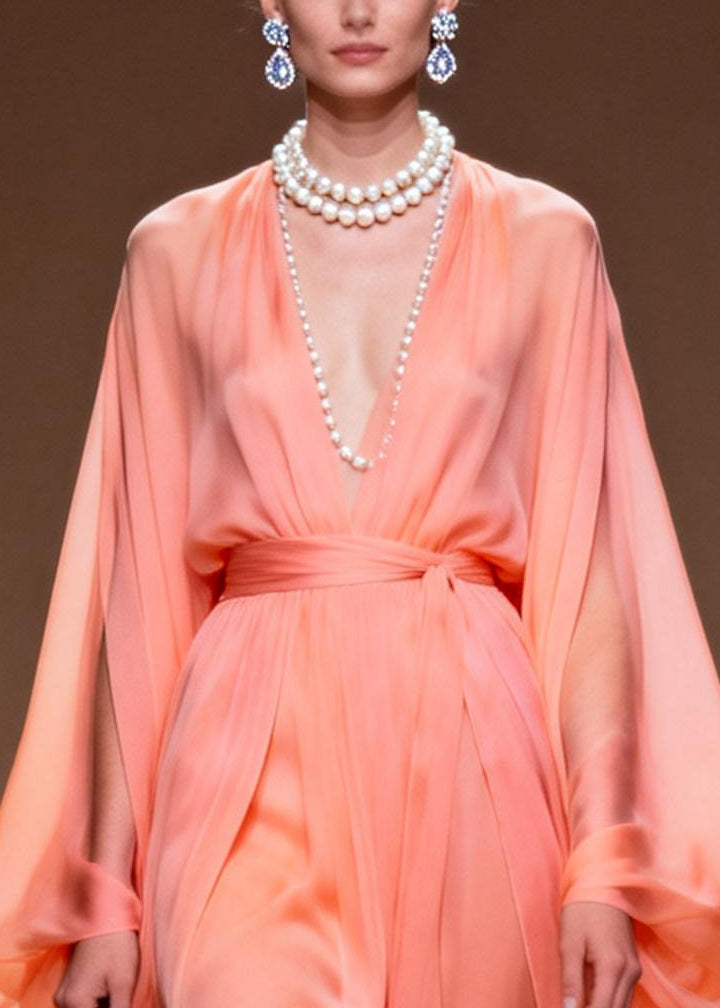 Chiffon Deep V-Neck Cape Sleeve Tie Waist Handkerchief Hem Maxi Gown