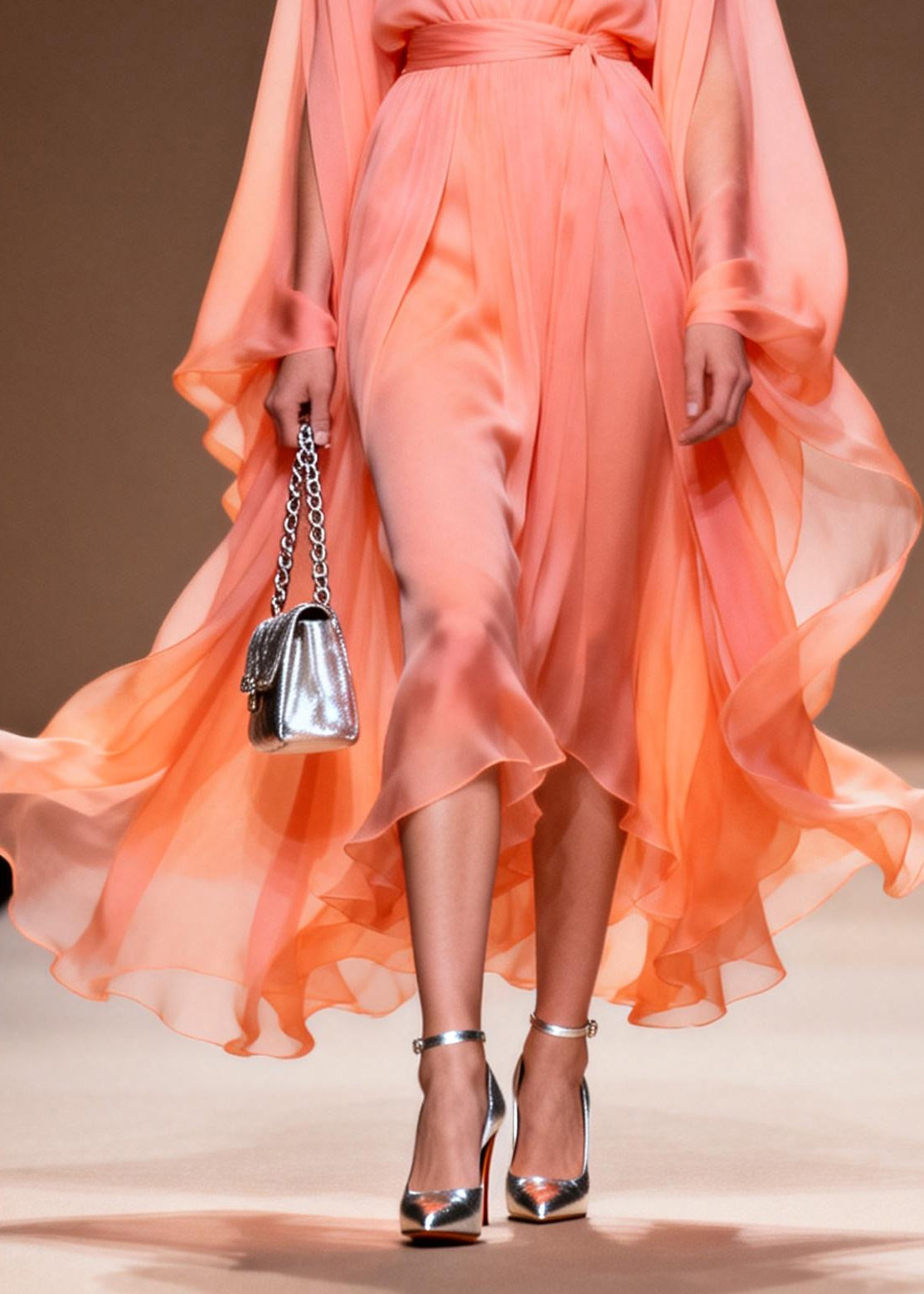 Chiffon Deep V-Neck Cape Sleeve Tie Waist Handkerchief Hem Maxi Gown