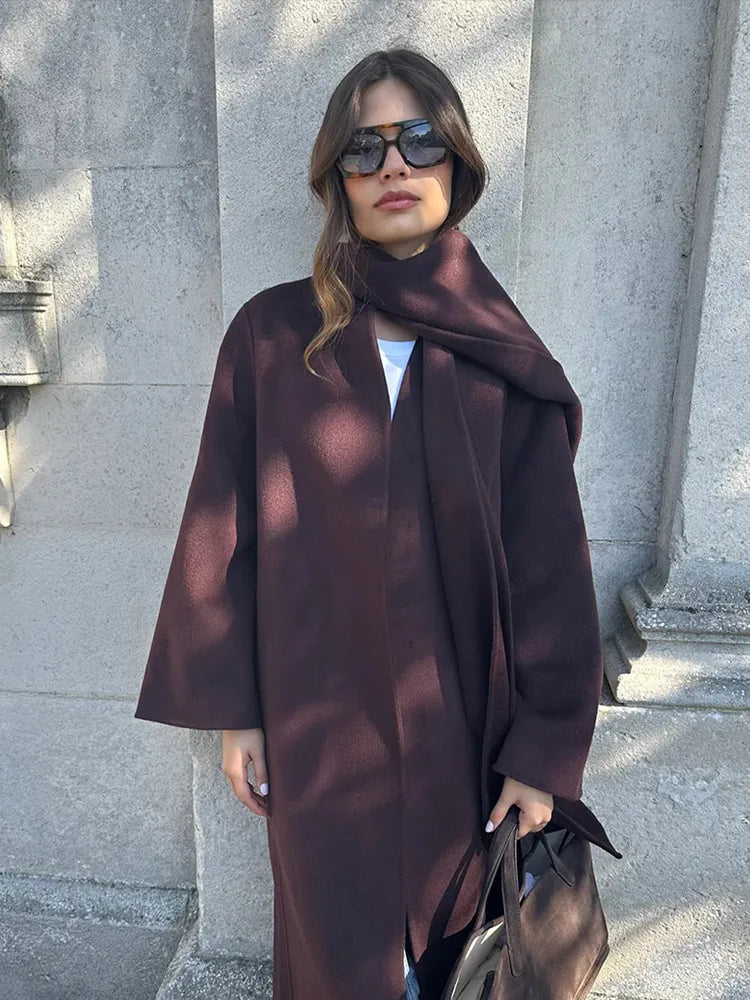 Scarf Collar Wide Sleeve Open Front Longline Wool-Look Coat