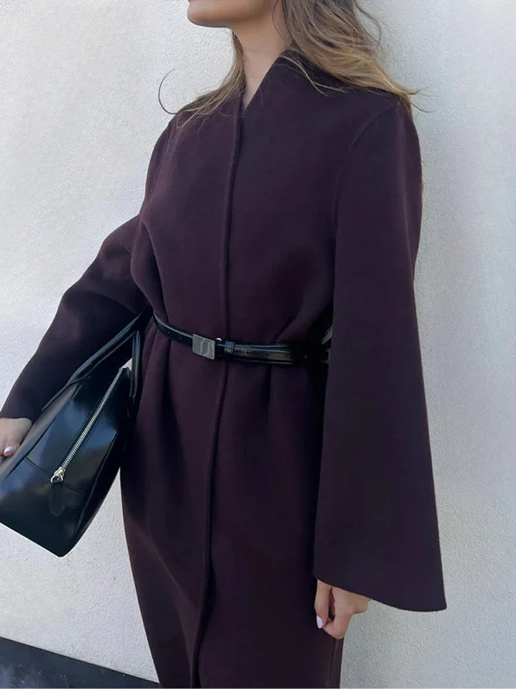 Scarf Collar Wide Sleeve Open Front Longline Wool-Look Coat 6