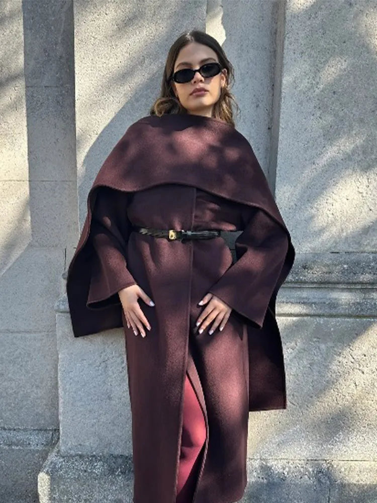 Scarf Collar Wide Sleeve Open Front Longline Wool-Look Coat 7