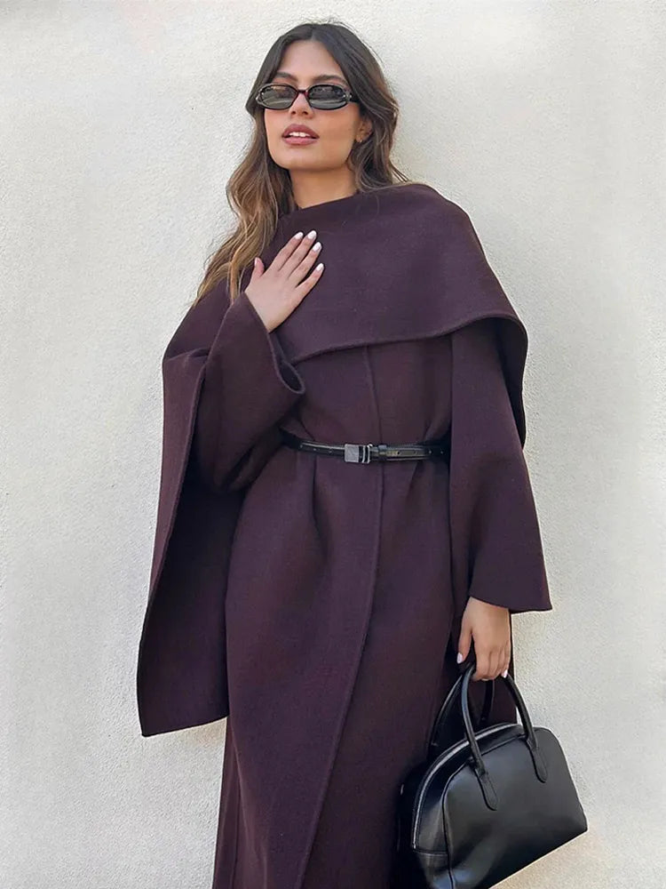 Scarf Collar Wide Sleeve Open Front Longline Wool-Look Coat 3
