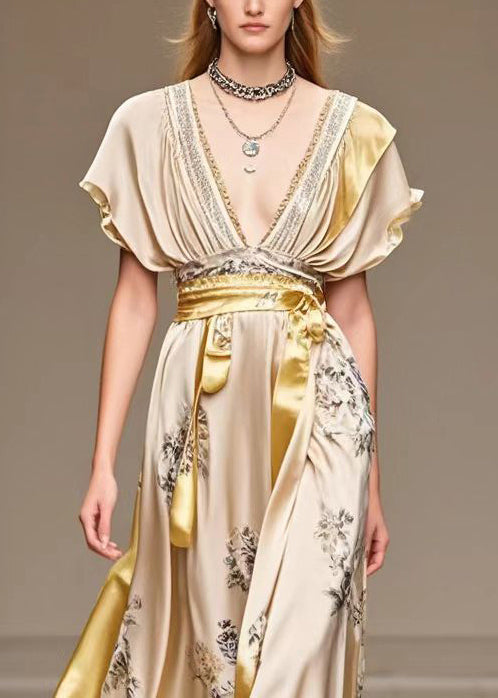 Deep V-Neck Flutter Sleeve Floral Print Sash Belt High Split Maxi Gown