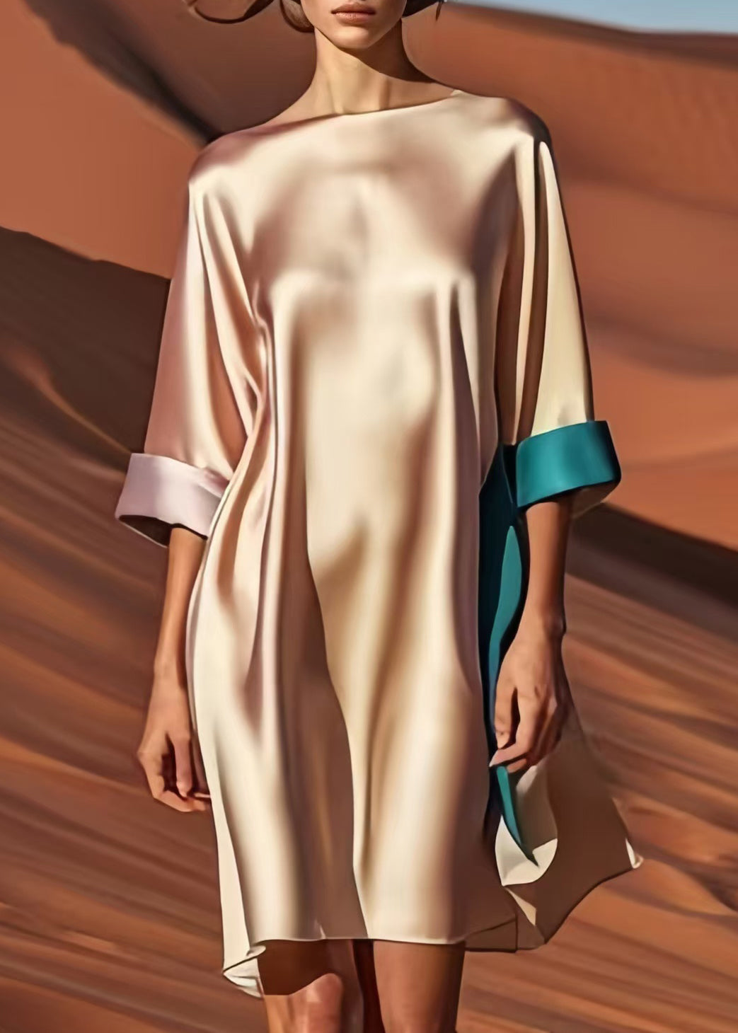 Satin Boat Neck Contrast Cuff Elbow Sleeve Shift Mini Dress