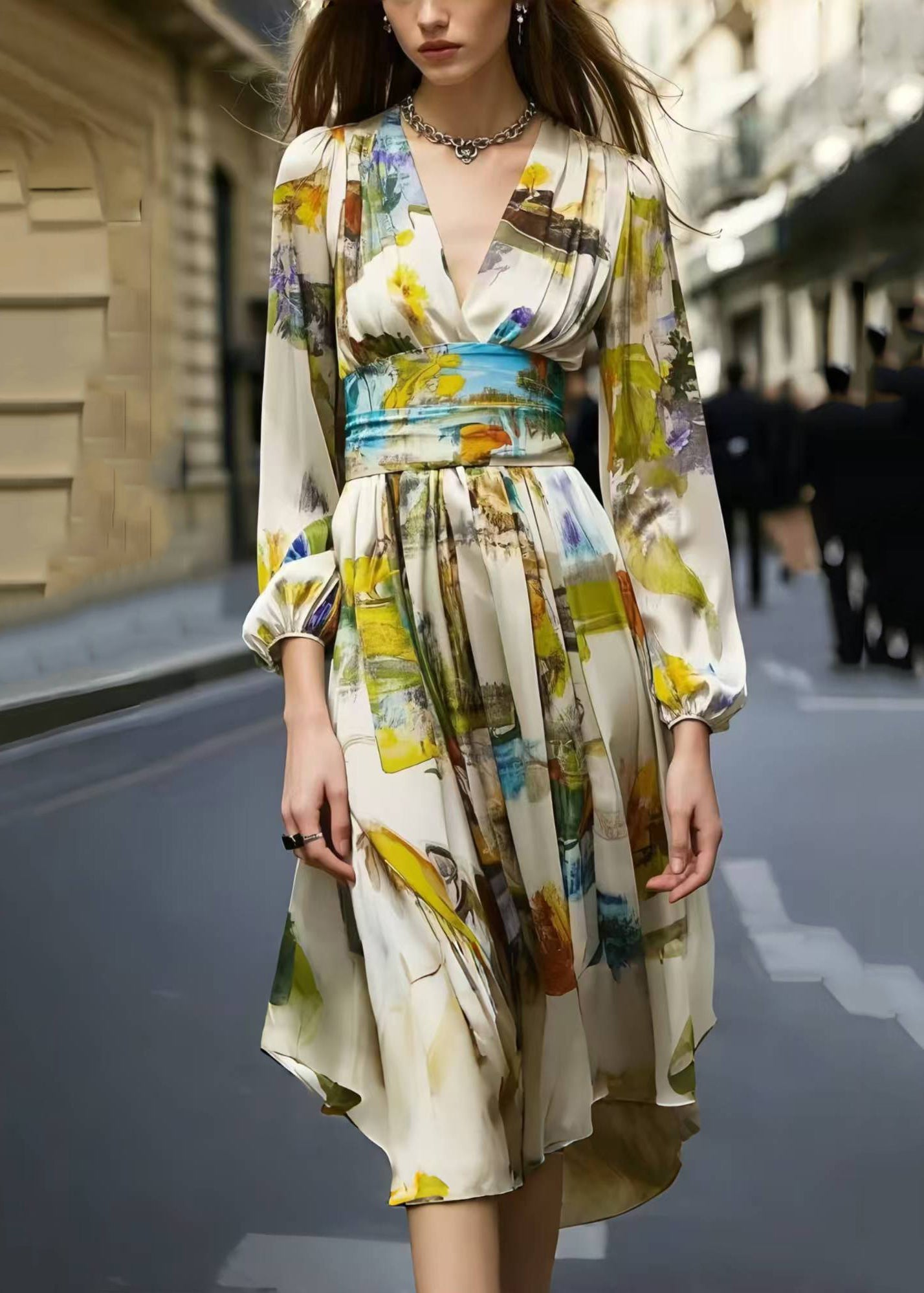 Abstract Print Deep V-Neck Long Sleeve Cinched Waist High Low Midi Dress