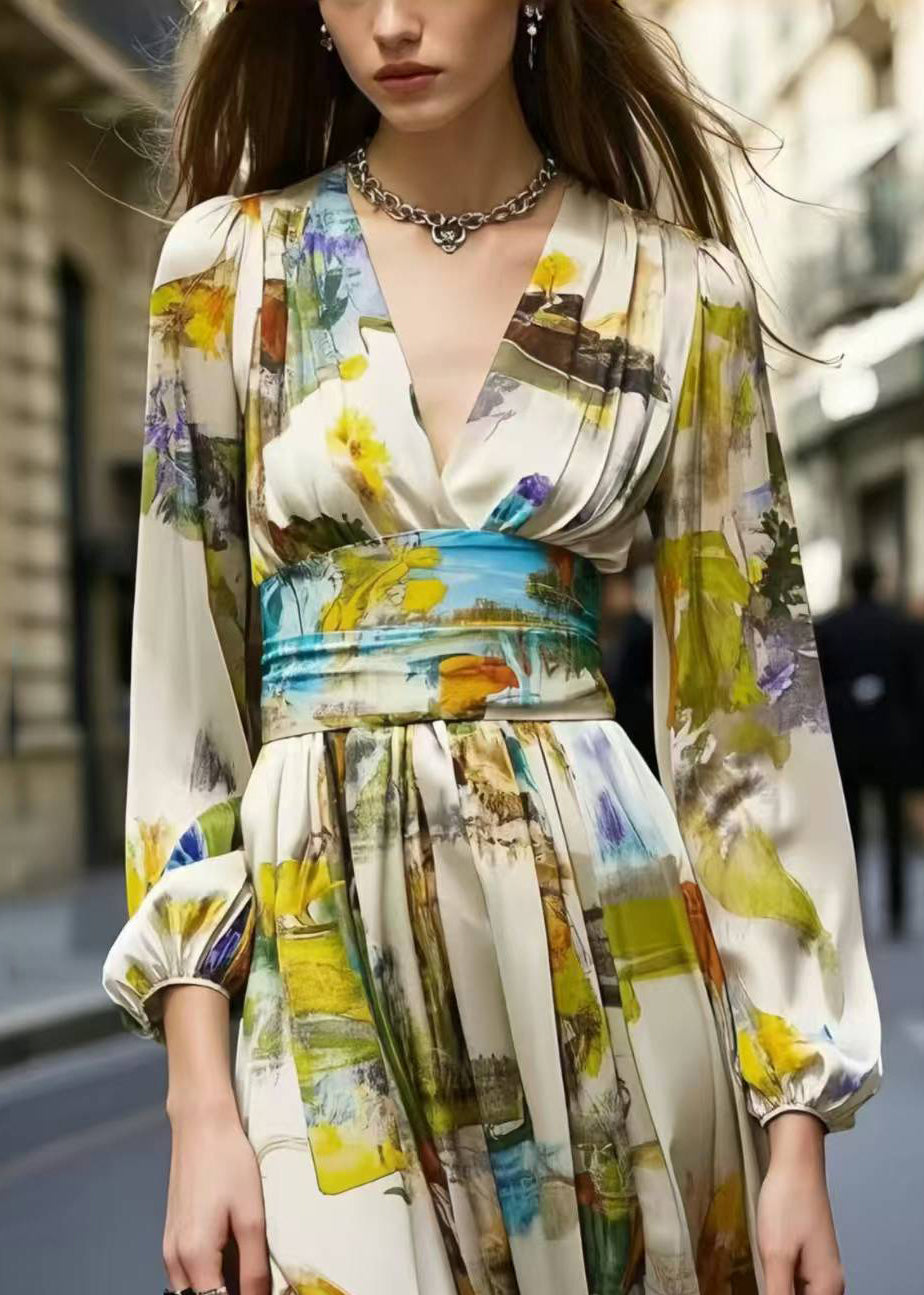 Abstract Print Deep V-Neck Long Sleeve Cinched Waist High Low Midi Dress