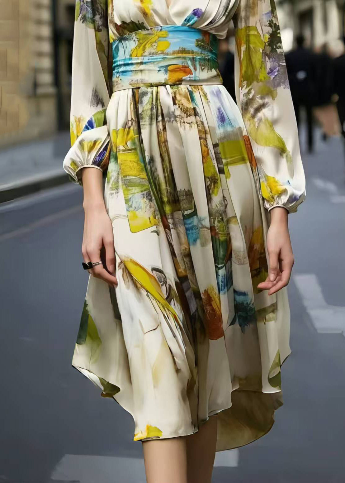 Abstract Print Deep V-Neck Long Sleeve Cinched Waist High Low Midi Dress