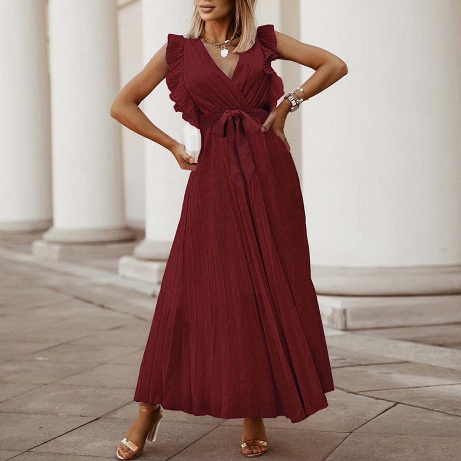 Chiffon Deep V-Neck Ruffle Shoulder Tie Waist Pleated Midi Cocktail Dress