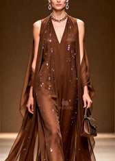 Elegant Coffee Cold Shoulder Zircon Chiffon Maxi Dresses Sleeveless 2