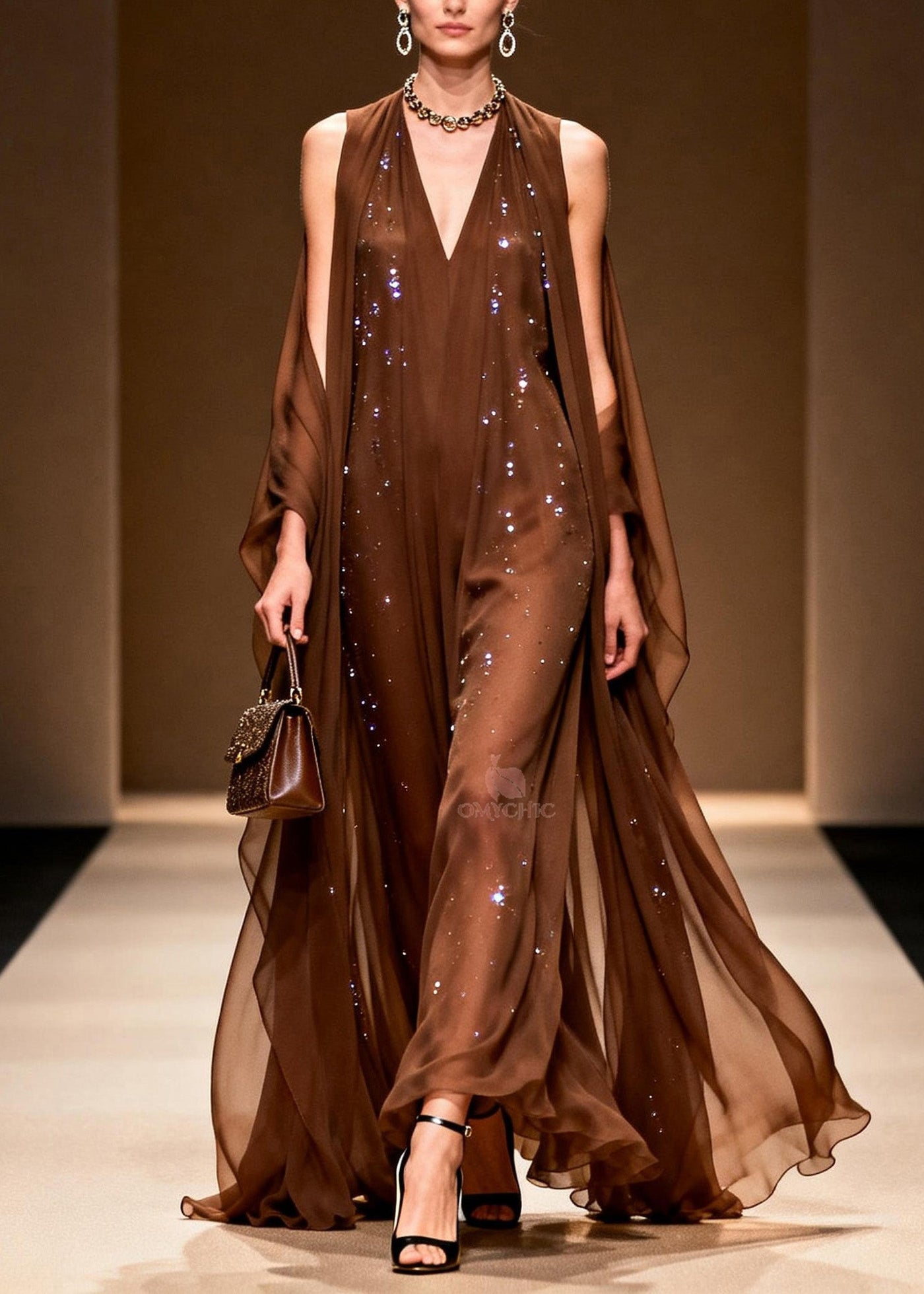 Elegant Coffee Cold Shoulder Zircon Chiffon Maxi Dresses Sleeveless 3