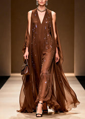 Elegant Coffee Cold Shoulder Zircon Chiffon Maxi Dresses Sleeveless 3