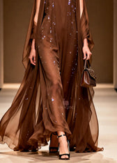 Elegant Coffee Cold Shoulder Zircon Chiffon Maxi Dresses Sleeveless 4