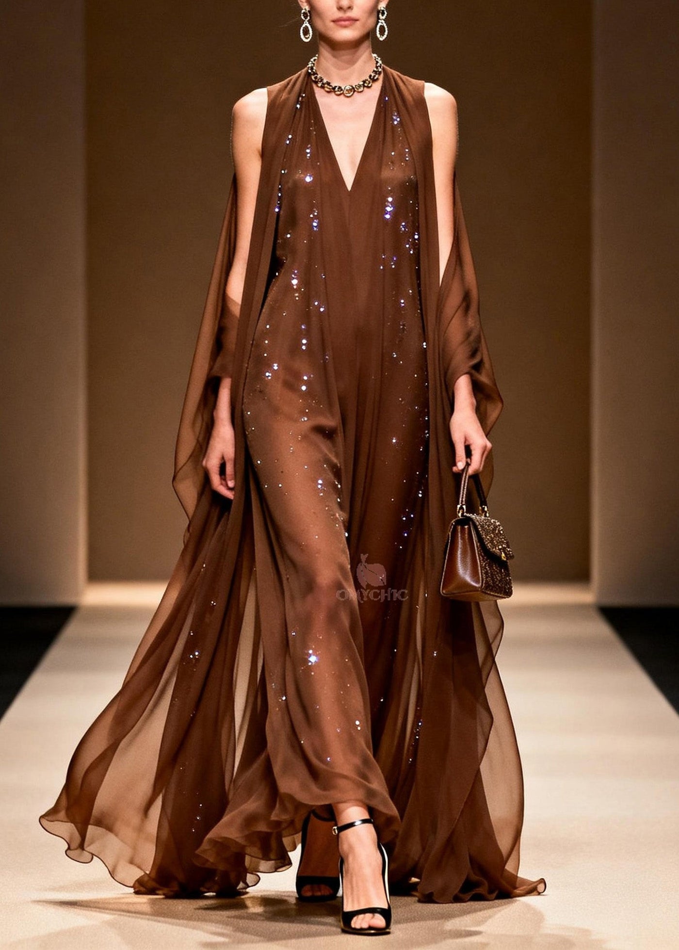 Elegant Coffee Cold Shoulder Zircon Chiffon Maxi Dresses Sleeveless 5