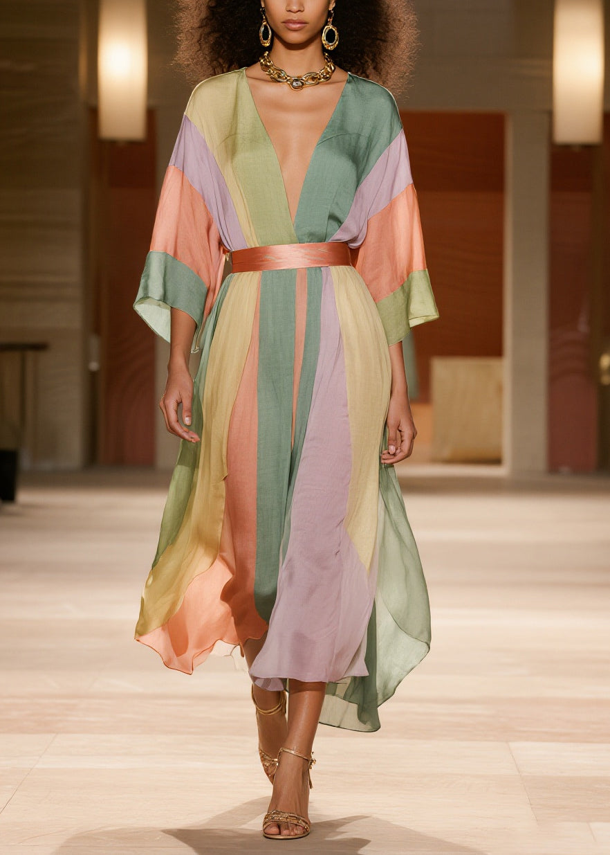 Vertical Stripe Deep V-Neck Kimono Sleeve Belted Handkerchief Hem Midi Dress