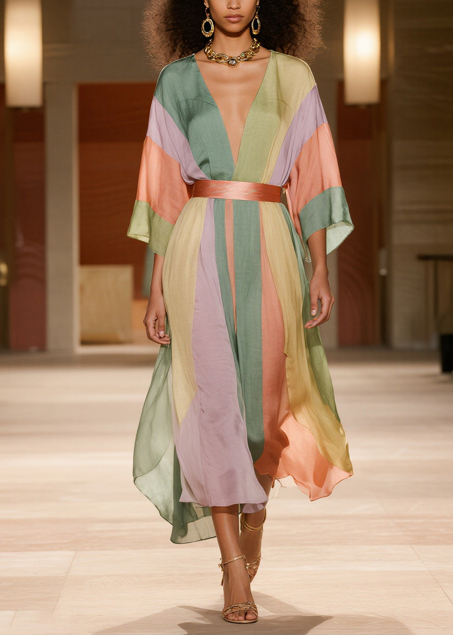 Vertical Stripe Deep V-Neck Kimono Sleeve Belted Handkerchief Hem Midi Dress