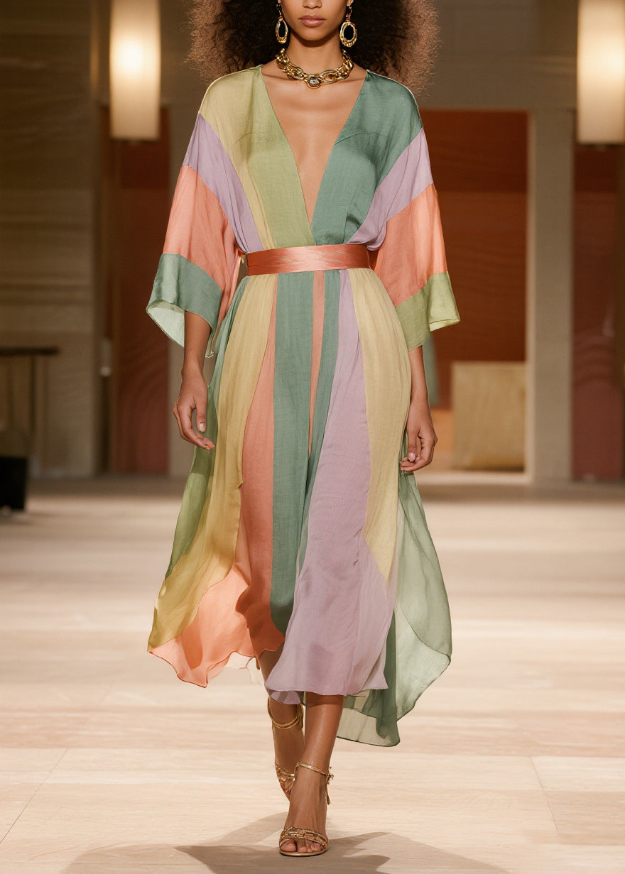 Striped Deep V-Neck Kimono Sleeve Sash Waist Handkerchief Hem Chiffon Maxi Dress