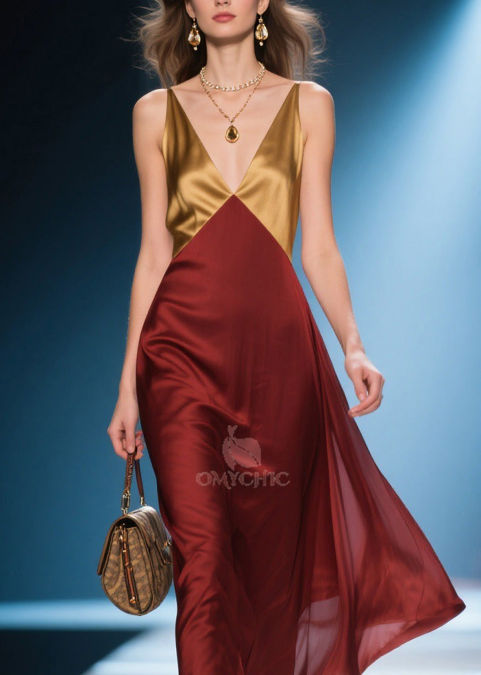 Satin Colorblock Deep V-Neck Spaghetti Strap Midi Dress