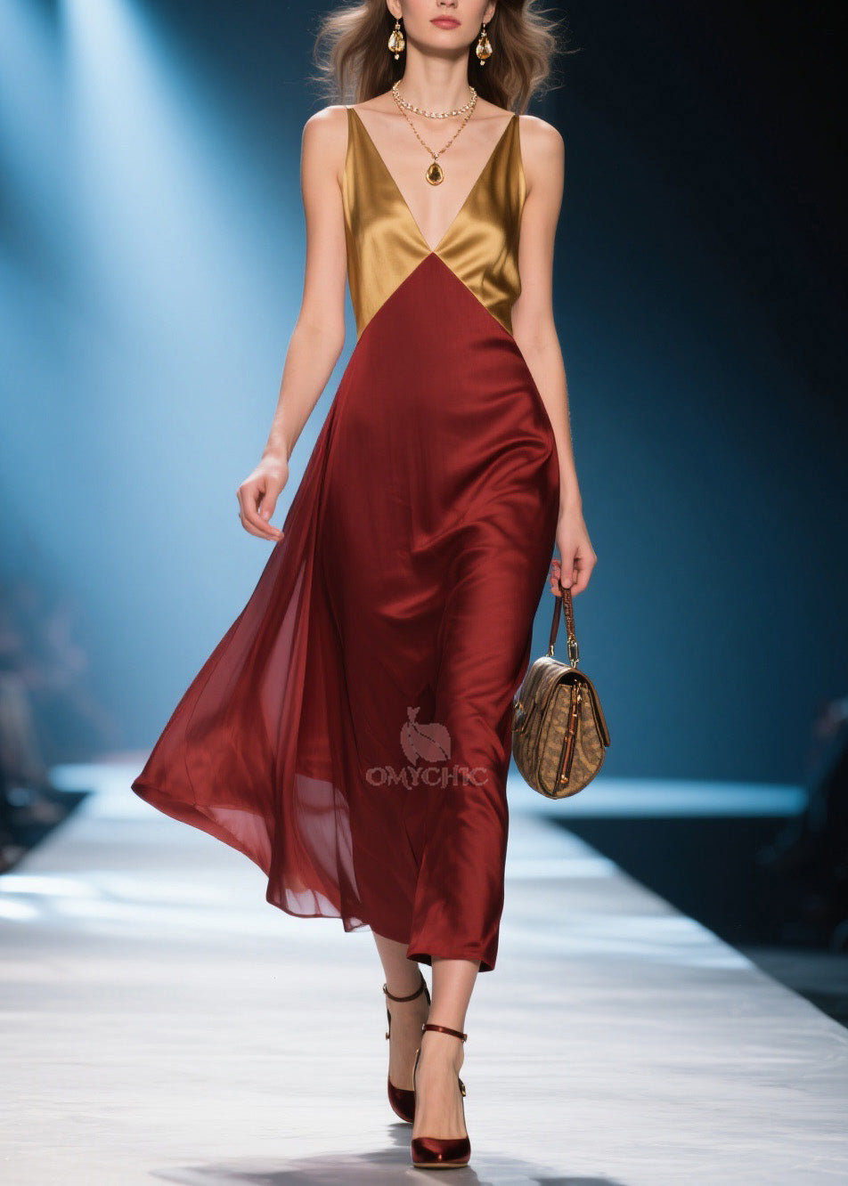 Satin Colorblock Deep V-Neck Spaghetti Strap Midi Dress