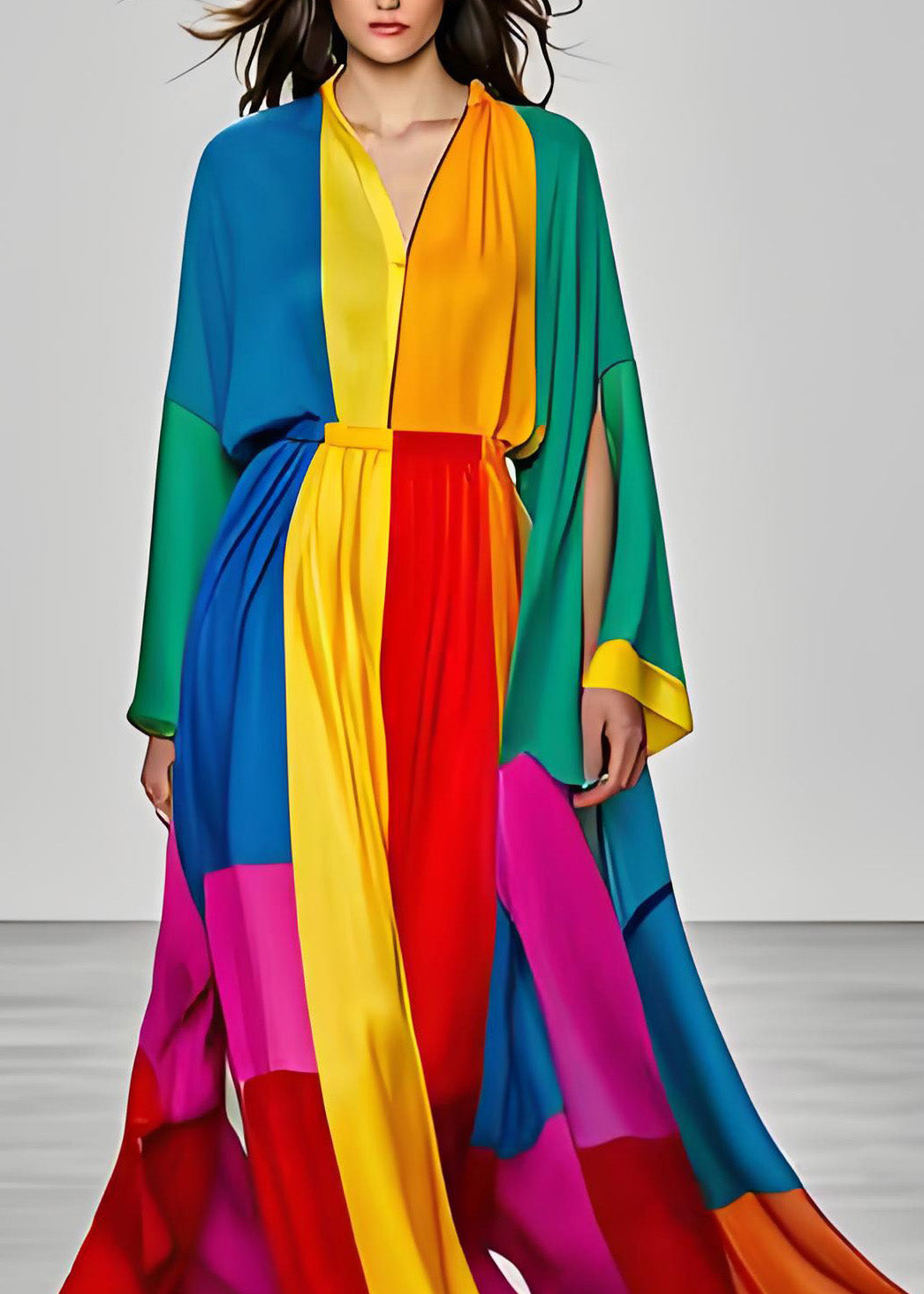 Satin Deep V-Neck Long Sleeve Slit Cape Sleeve Color Block Pleated Maxi Gown