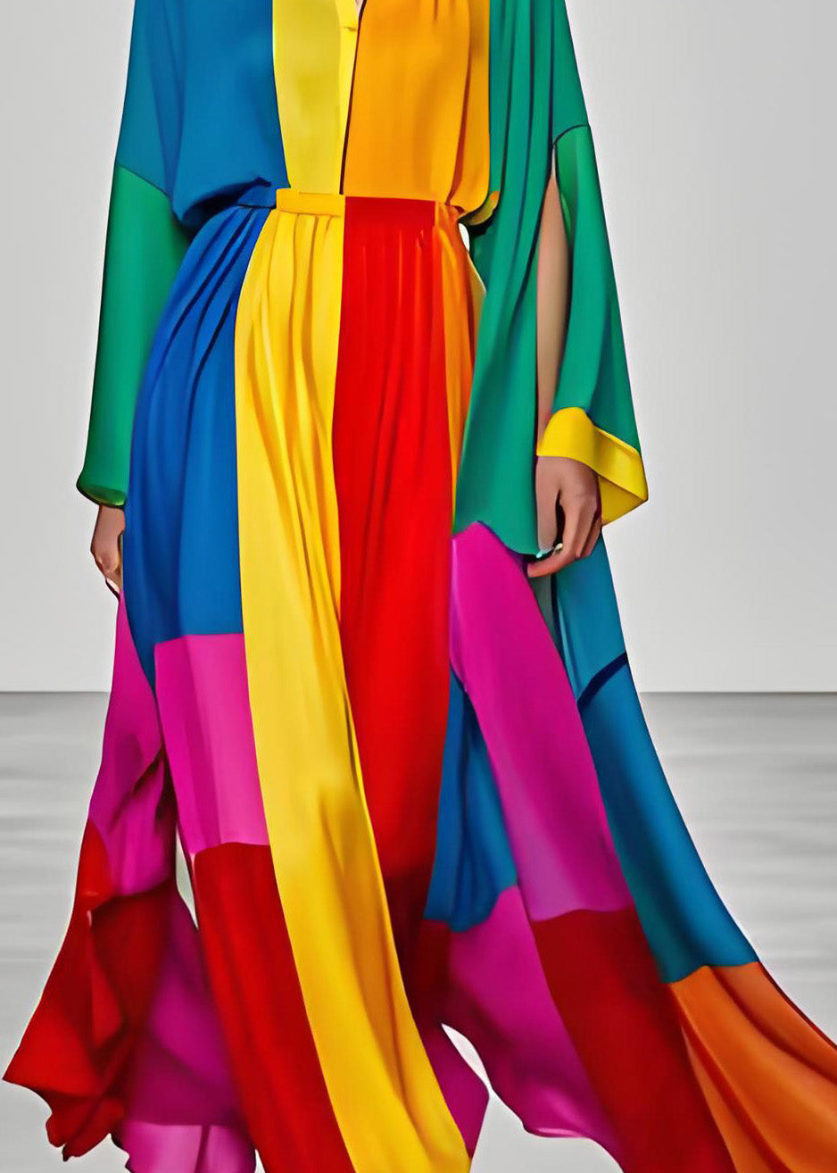 Satin Deep V-Neck Long Sleeve Slit Cape Sleeve Color Block Pleated Maxi Gown