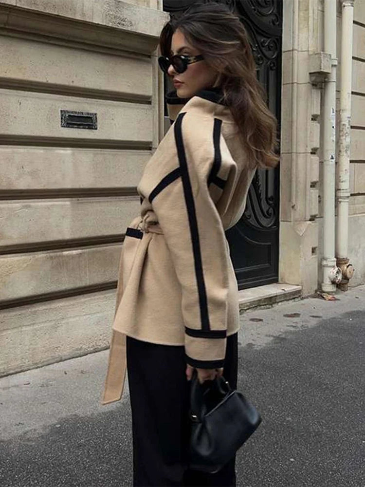 Contrast Woolen Belted Coat