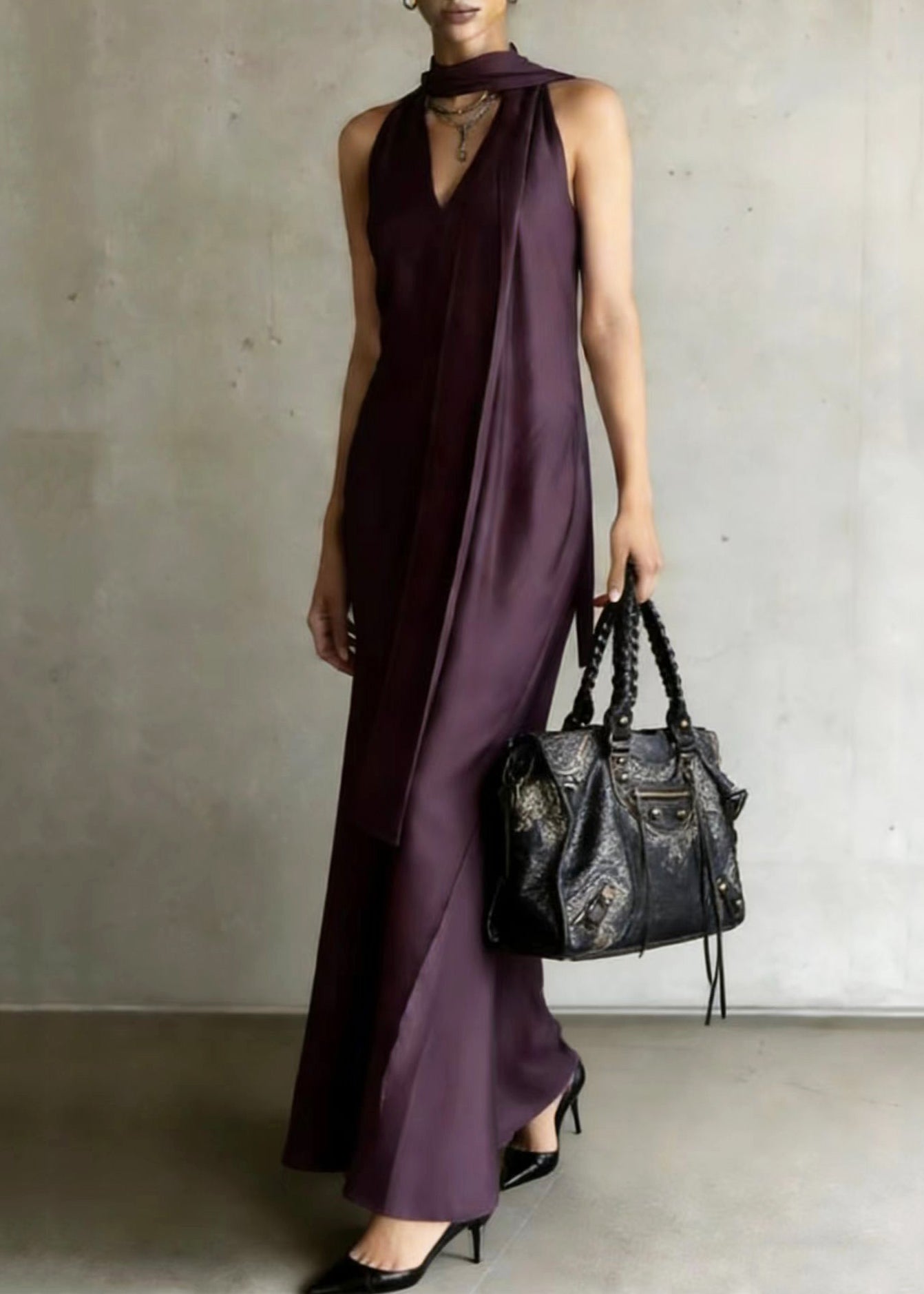 Chiffon Halter Neck Scarf Tie Deep V-Neck Column Maxi Gown