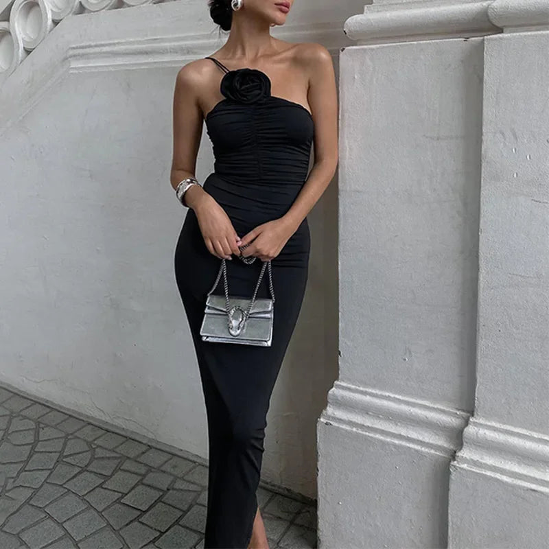 One Shoulder Rosette Ruched Bodice Bodycon Maxi Dress 7