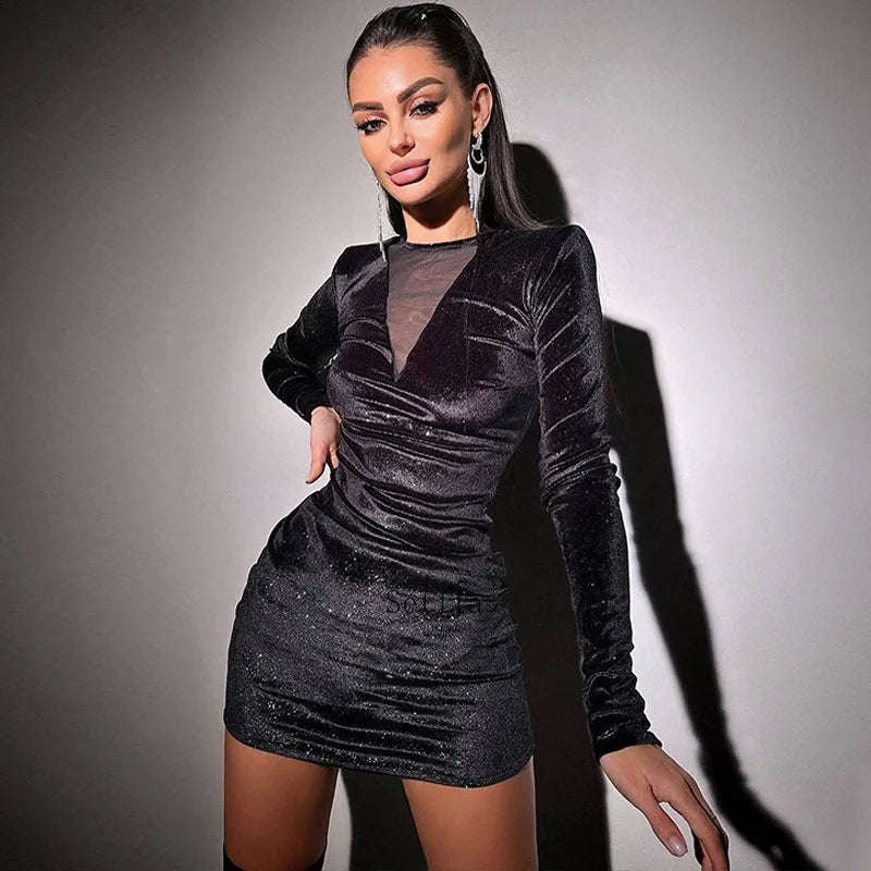 Patchwork Sheer Mesh Ruched Mini Dress