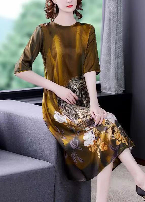 Wood Grain Floral Print Satin Short Sleeve Crew Neck A-Line Midi Dress
