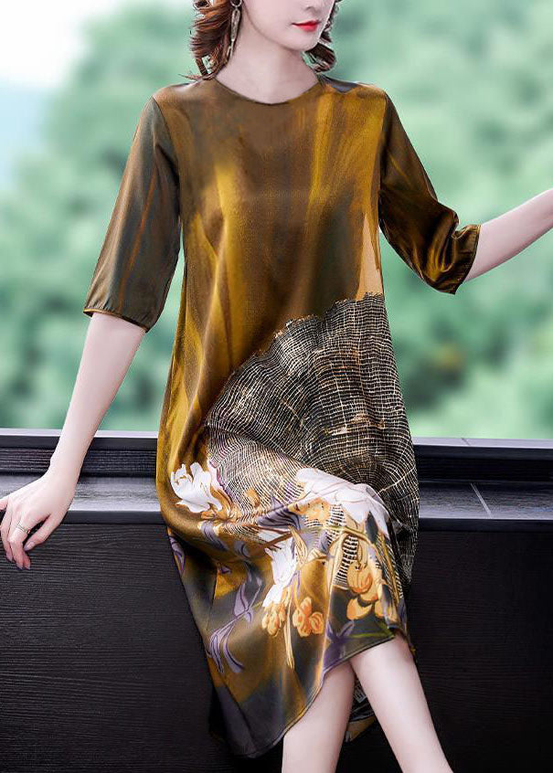 Wood Grain Floral Print Satin Short Sleeve Crew Neck A-Line Midi Dress