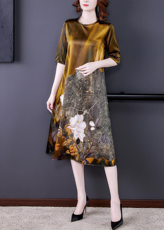 Wood Grain Floral Print Satin Short Sleeve Crew Neck A-Line Midi Dress
