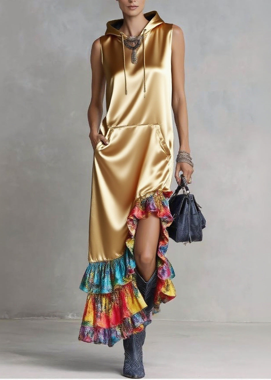 Satin Hooded Sleeveless Kangaroo Pocket Tiered Ruffle Maxi Dress