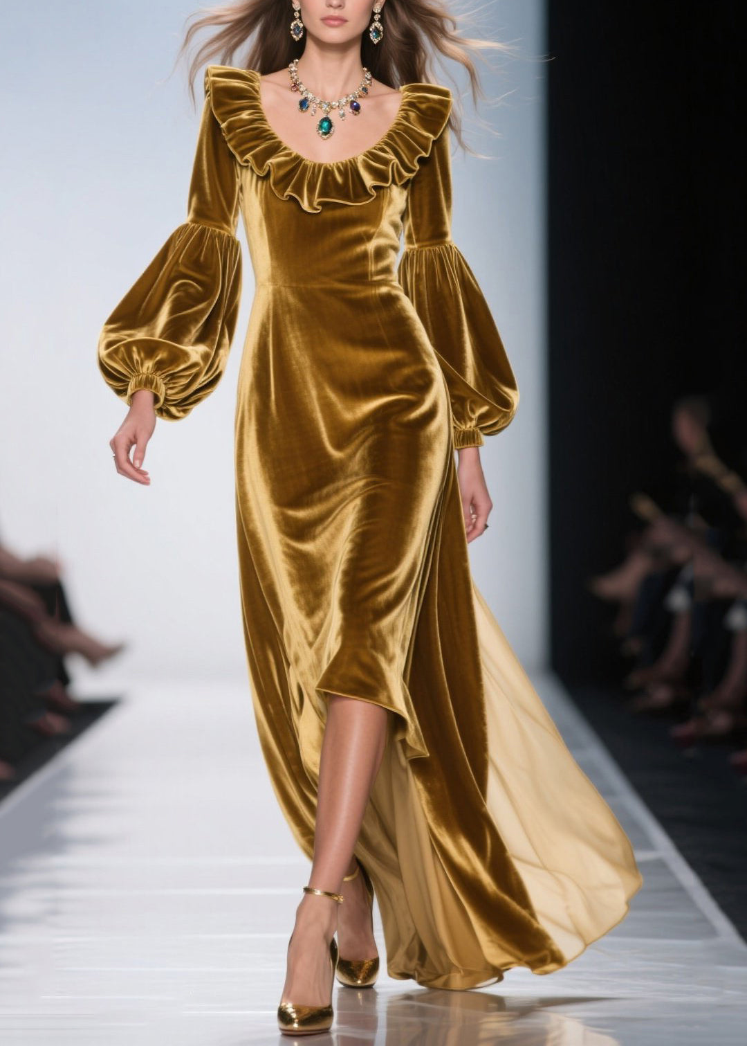 Velvet Ruffle Neck Bishop Sleeve High Low Maxi Gown