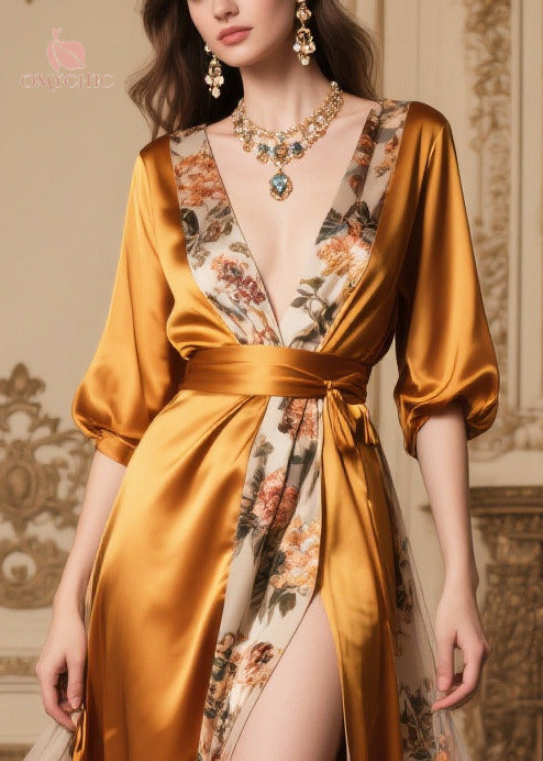 Satin Wrap Deep V-Neck Puff Sleeve Floral Print Panel High Split Maxi Gown