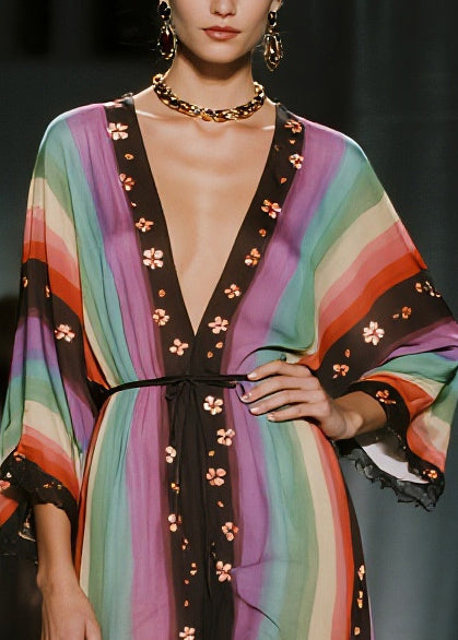 Striped Deep V-Neck Kimono Sleeve Floral Scalloped Trim Drawstring High Low Dress