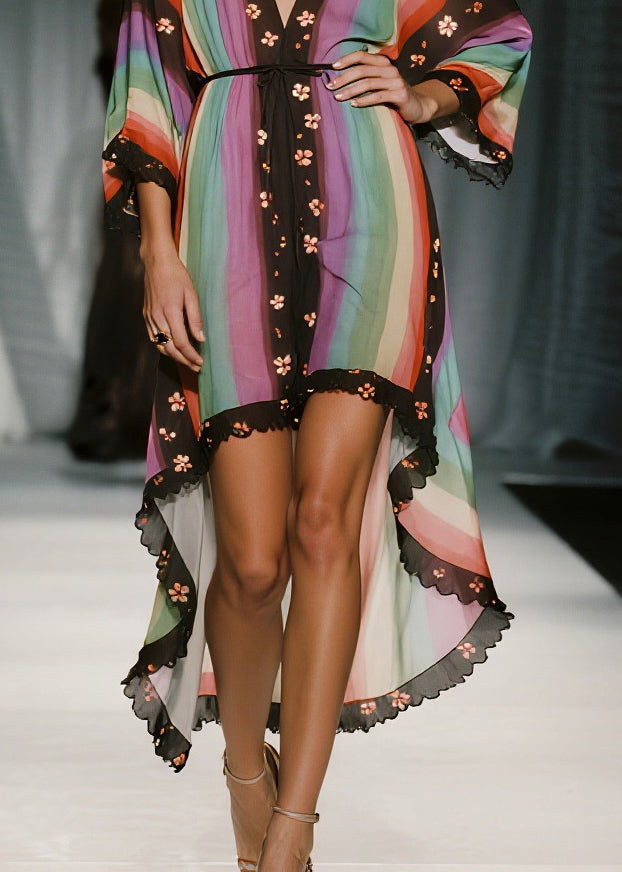 Striped Deep V-Neck Kimono Sleeve Floral Scalloped Trim Drawstring High Low Dress