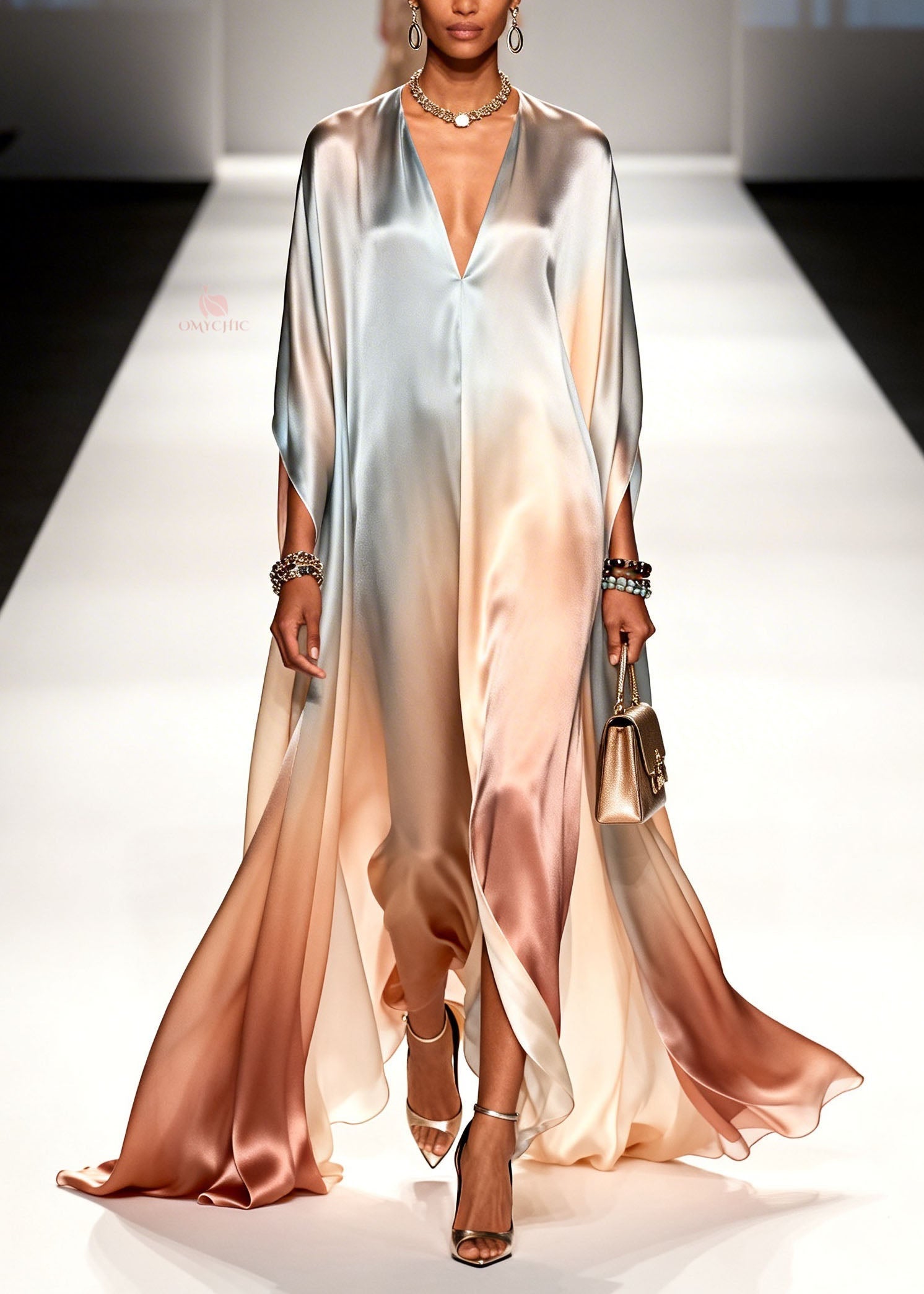 Satin Deep V-Neck Oversized Cape Sleeve Draped Kaftan Maxi Gown