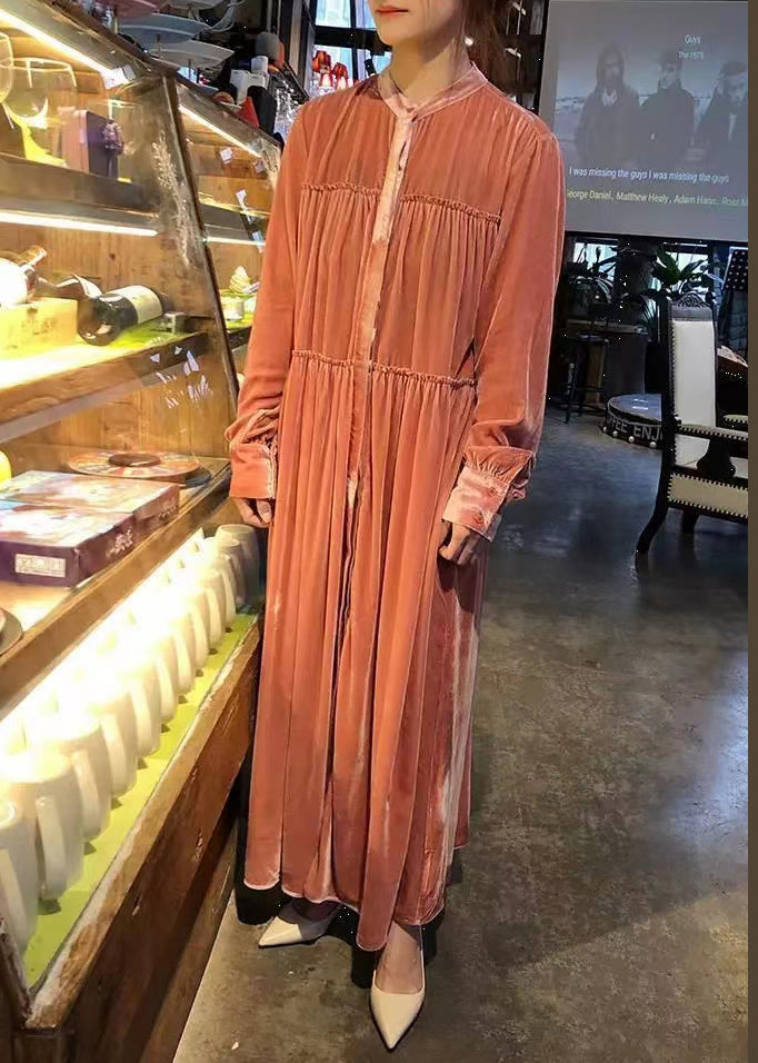 Velvet Mandarin Collar Button Front Tiered Ruffle Long Sleeve Maxi Dress