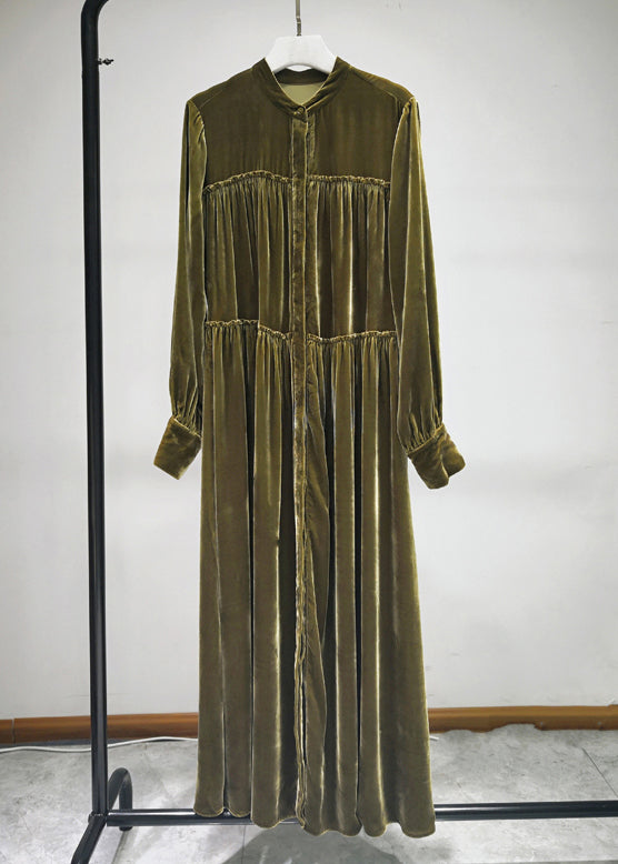 Velvet Mandarin Collar Button Front Tiered Ruffle Long Sleeve Maxi Dress