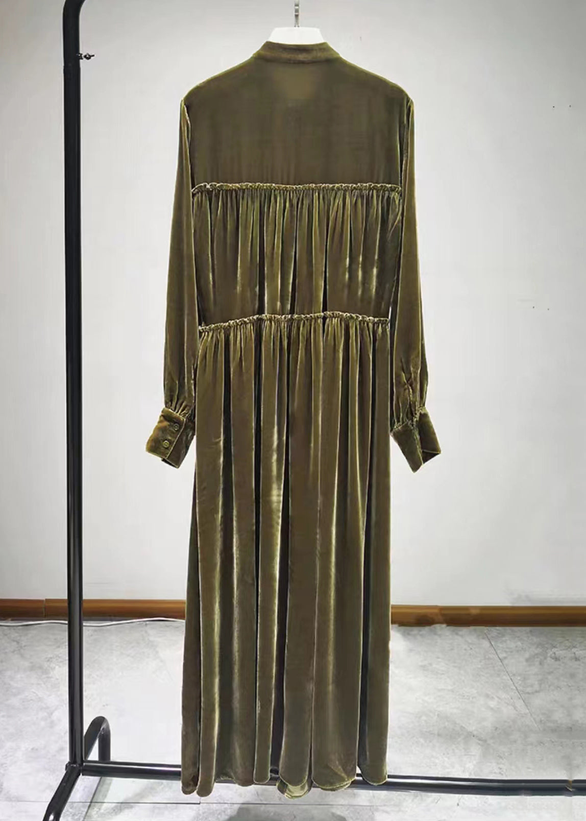 Velvet Mandarin Collar Button Front Tiered Ruffle Long Sleeve Maxi Dress