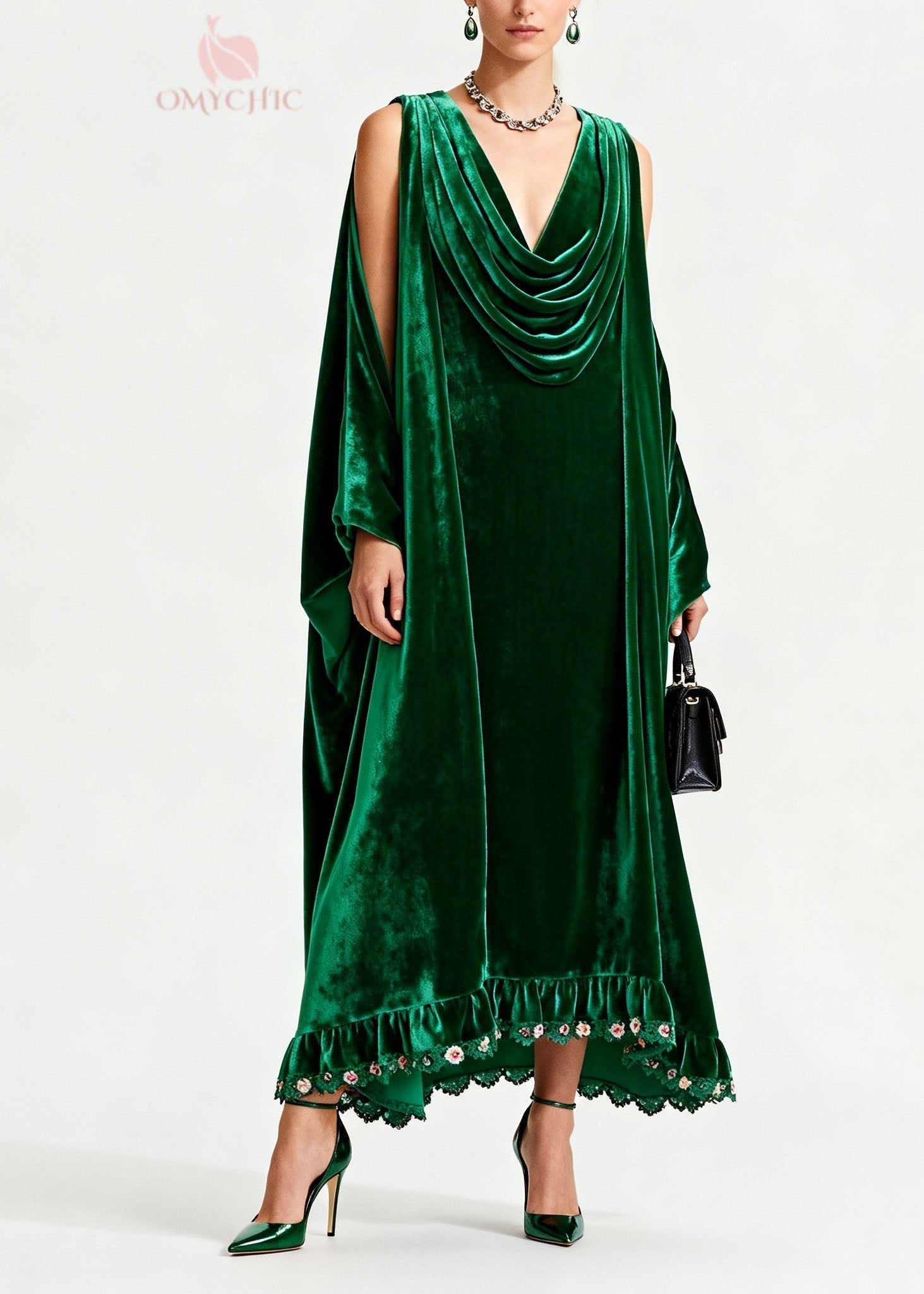 Velvet Cowl Neck Cape Sleeve Floral Embroidered Ruffle Hem Maxi Gown