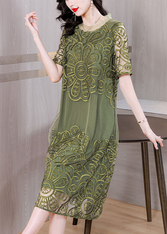 Floral Embroidered Mesh Overlay Short Sleeve Shift Midi Dress