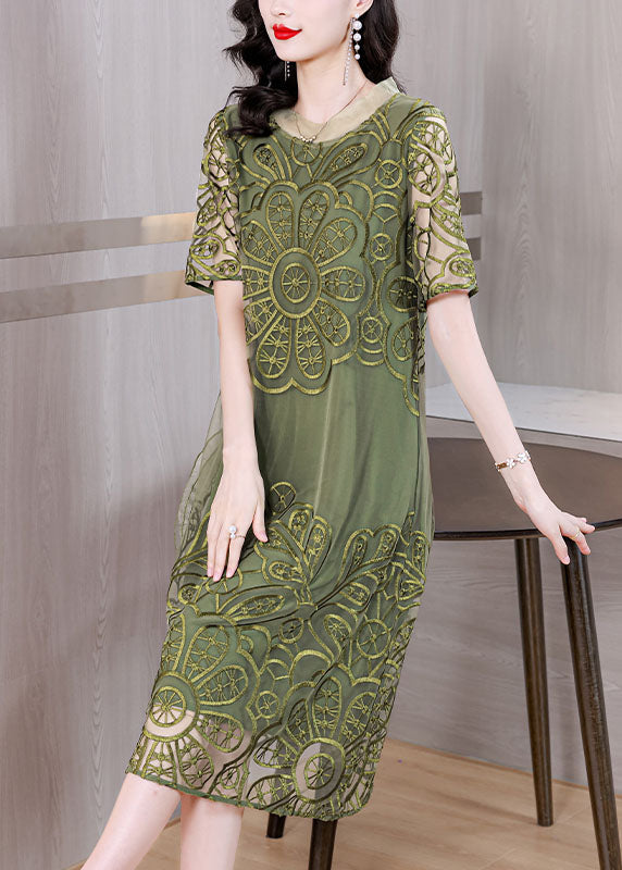 Elegant Green Embroideried Ruffled Tulle Long Dresses Short Sleeve 3