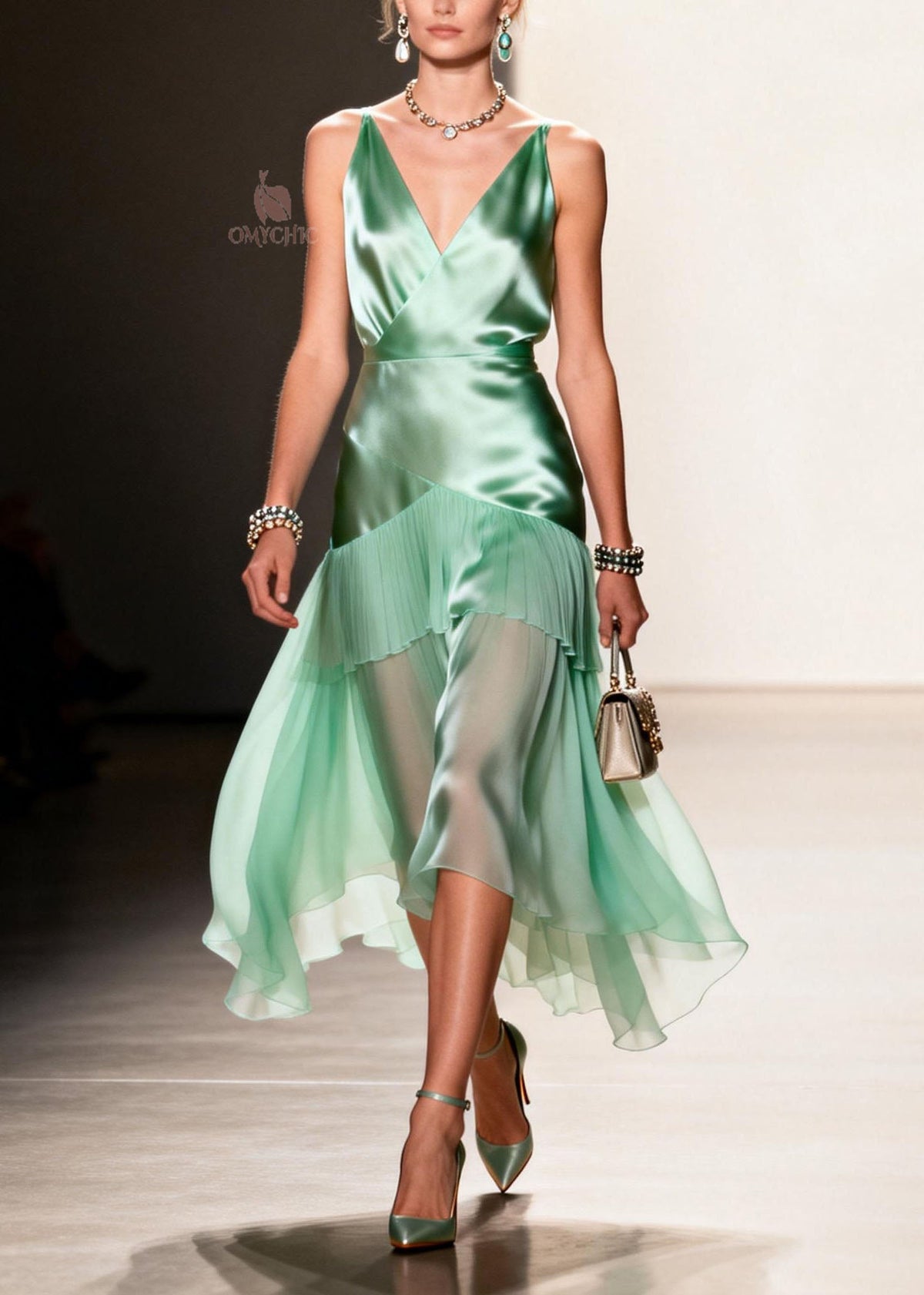 Satin V-Neck Spaghetti Strap Pleated Chiffon Asymmetrical Hem Midi Dress 3