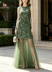 Elegant Green Sequins Patchwork Tulle Maxi Dress Sleeveless 3