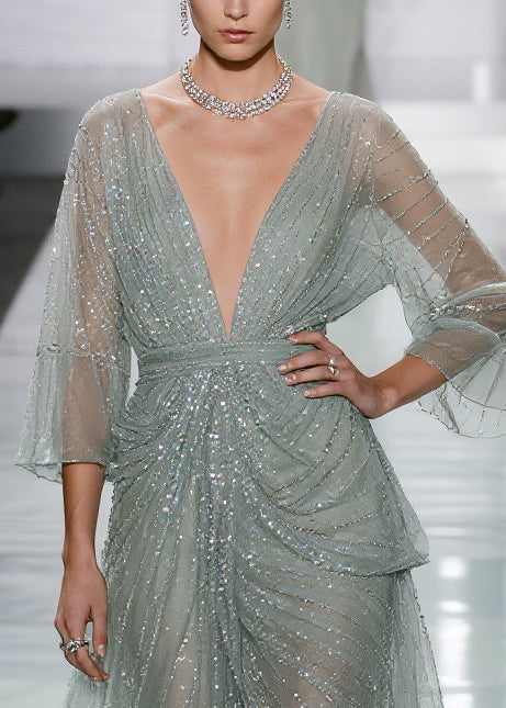 Sequin Deep V-Neck Bell Sleeve Wrap Draped Layered High Low Midi Dress