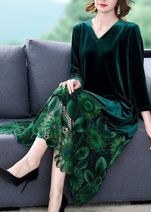 Velvet V-Neck Lace Panel Hem Long Sleeve Midi Dress