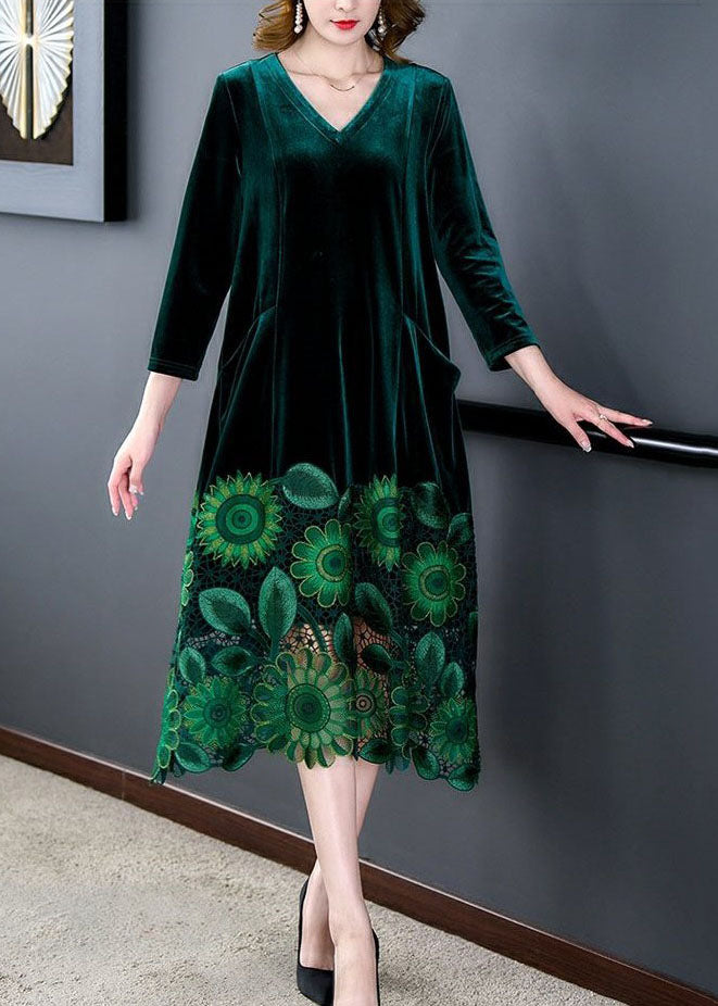 Velvet V-Neck Lace Panel Hem Long Sleeve Midi Dress